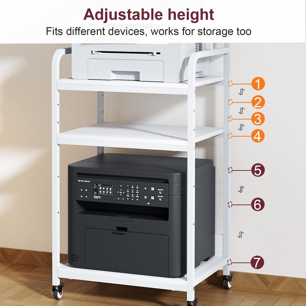 4-Tier White Printer Stand with Wheels, Extra Large Tall Printer Table with S...
