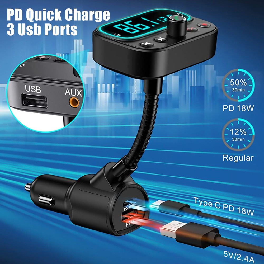 Bluetooth5.0 Car Wireless FM Transmitter Adapter USB PD Charger Radio Hands-Free