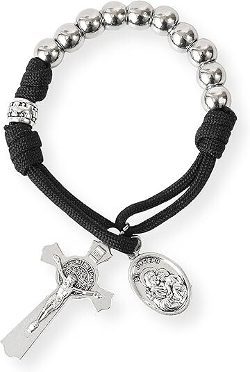 One Decade Black Paracord Rosary Silver Beads Pocket Rosary