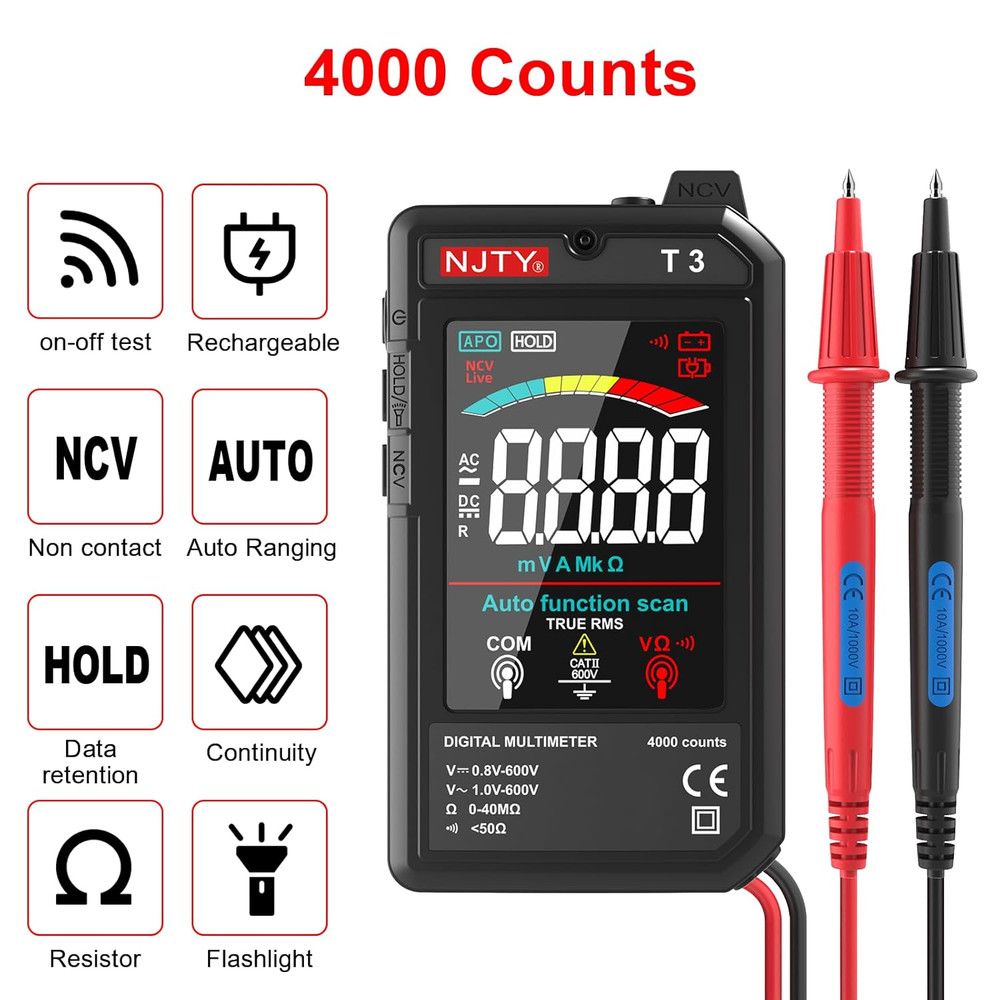 Multimeter, 4000 Counts, Rechargeable Auto-Ranging Digital Voltmeter with Non-Co