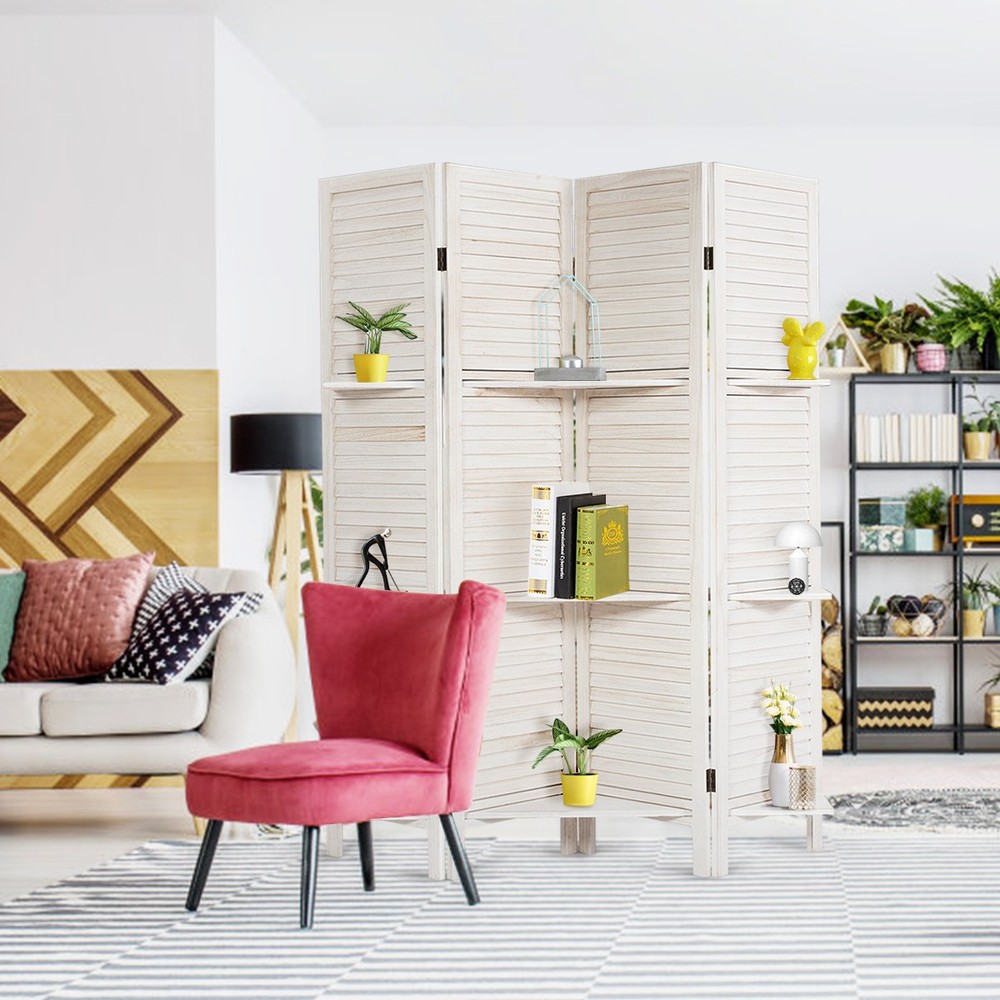 4 Panel Folding Room Divider Screen W/3 Display Shelves Multi-use Tall White