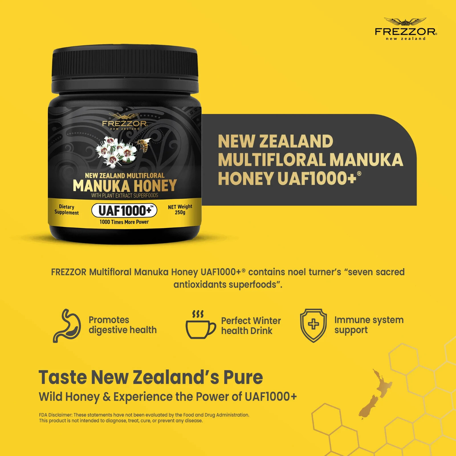 FREZZOR NEW ZEALAND MULTIFLORAL MANUKA HONEY UAF1000+, Cold & Flu Symptom Relief