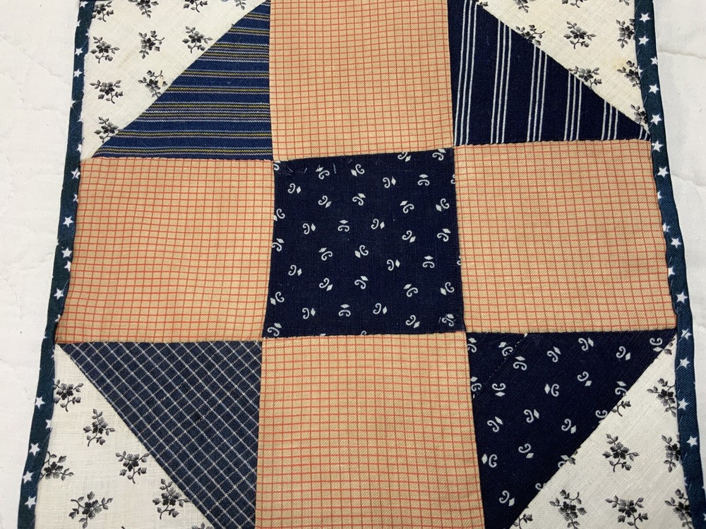 Antique Vintage Patchwork Quilt Table Topper, Nine Patch With Triangles, Navy
