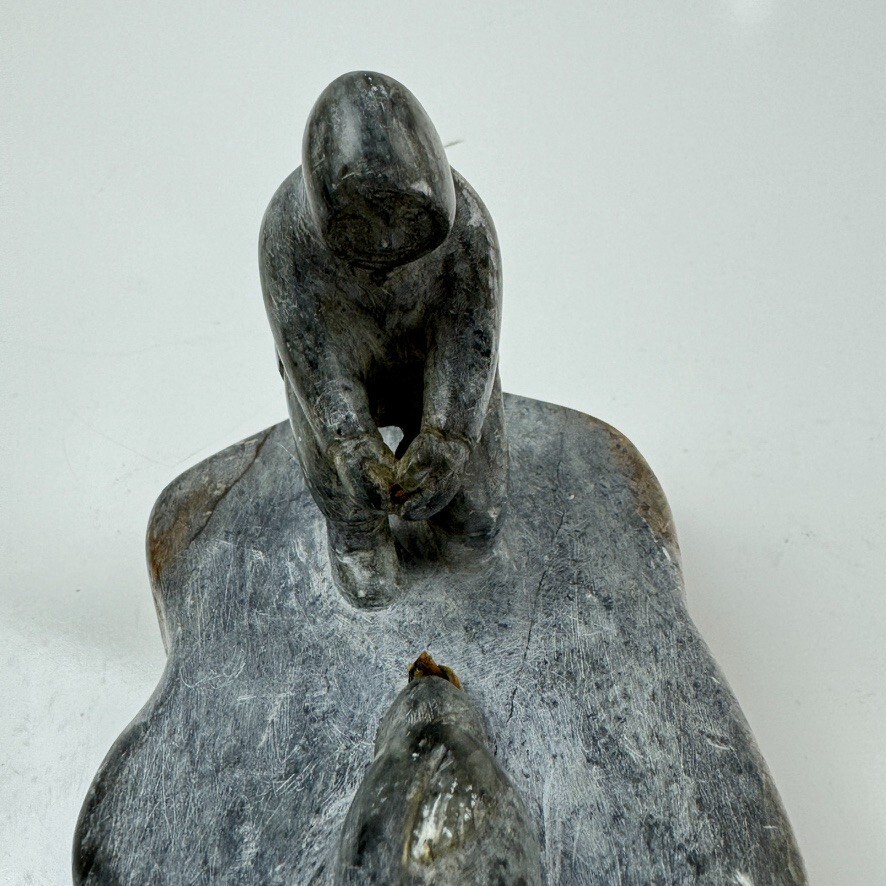 Alaskan Native Vtg Soapstone Tableau Seal & Hunter Contemporary Green Variegated