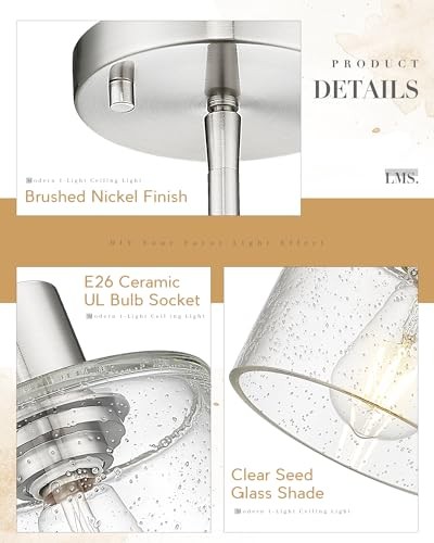 Industrial Semi Flush Mount Ceiling Light, Brushed Nickel 1-Light Close Silver