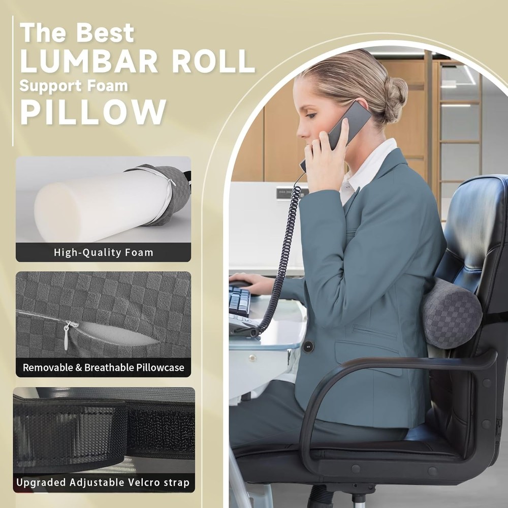 Lumbar Roll Pillow for Lower Back, Long-15*4.3'', Light Grey