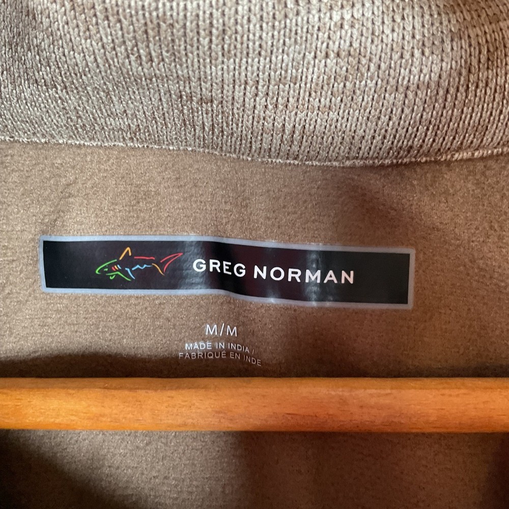 Greg Norman Pullover Mens Medium Tan Excellent Quarter Button Mock Neck Sweater