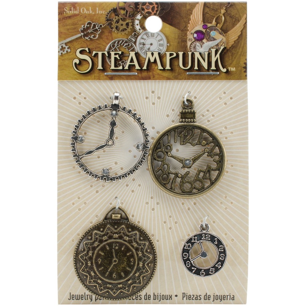 Solid Oak Steampunk Metal Accents 4/Pkg-Clocks 1