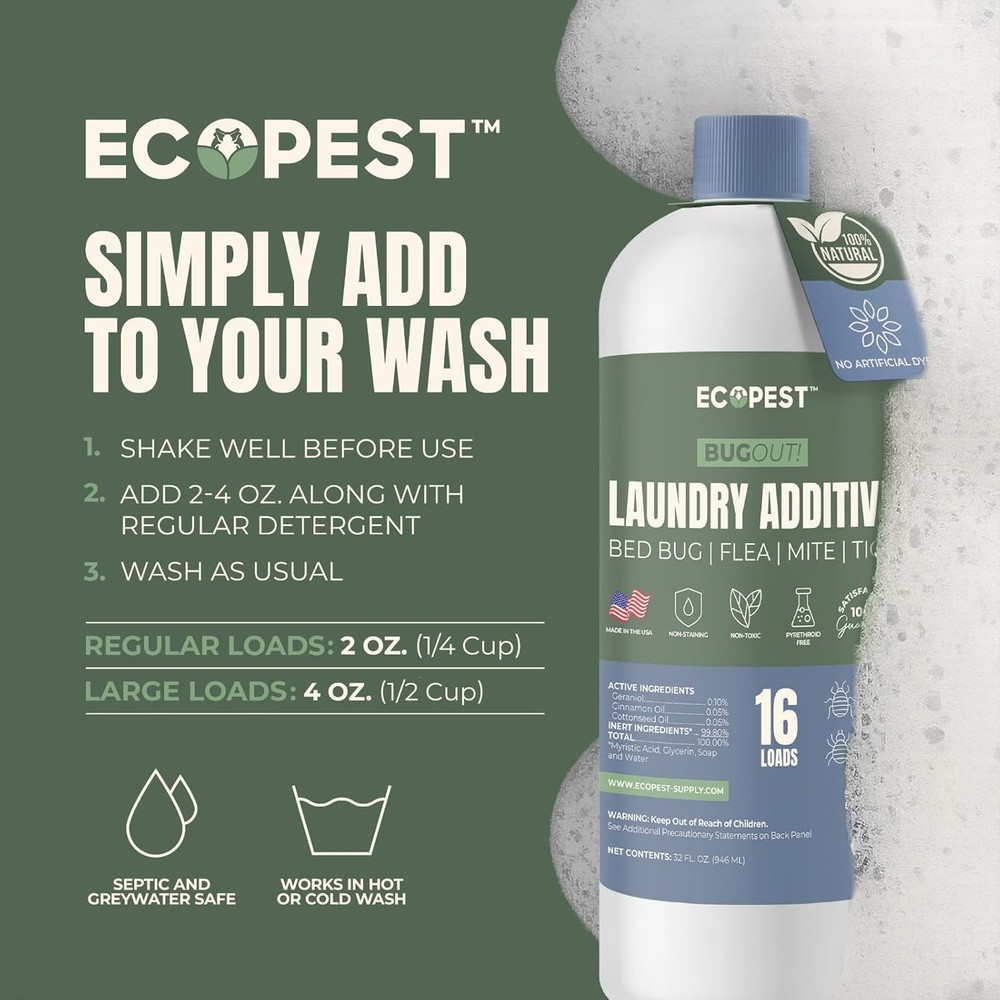 BugOut! Laundry Additive – Natural Detergent Booster for Bed Bug, Mite, Flea,