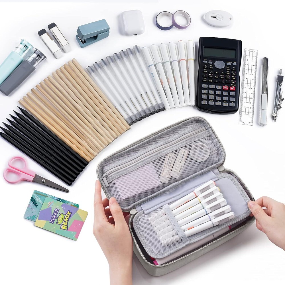 WEMATE Large Pencil Case, Pouch with Zipper Compartments, Light Grey