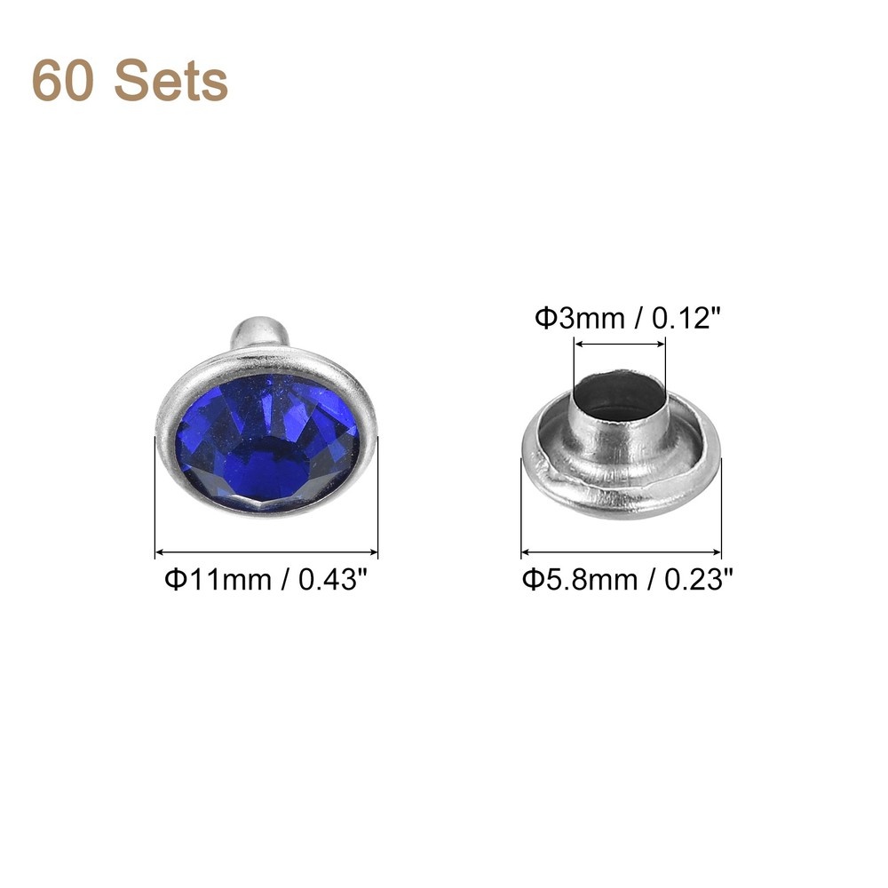 60 Sets Rhinestone Rivets, 11mm Crystal Rivets Leather Rivets, Dark Blue
