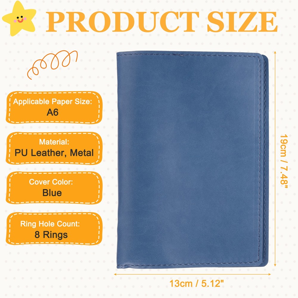 A6 PU Leather Binder Protector, 6 Ring Loose Leaf Notebook Protector, Blue