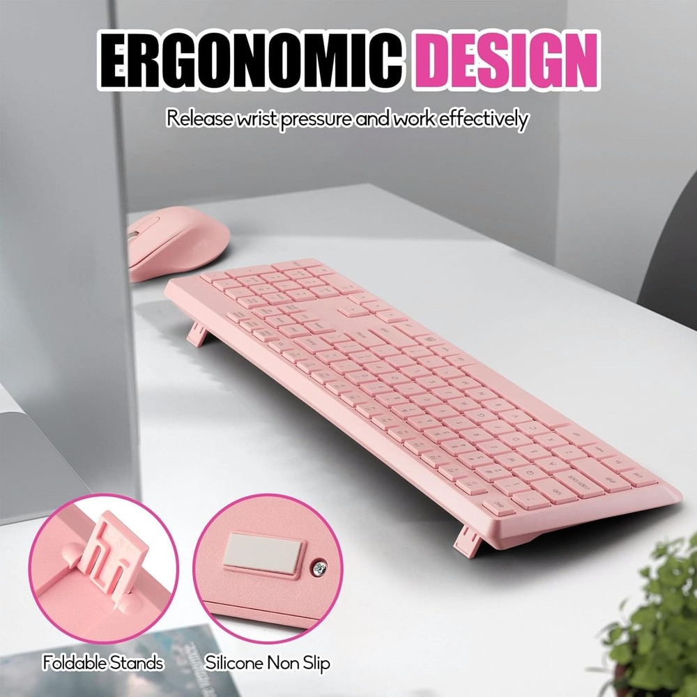 Wireless Keyboard and Mouse Combo, 2.4 GHz Full-Sized Pink