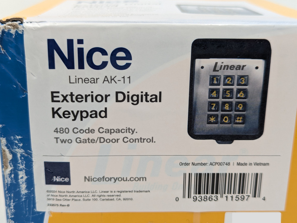 Linear AK-11 Exterior Digital Keypad w/ 480 Code Capacity & 2 Gate/Door Control