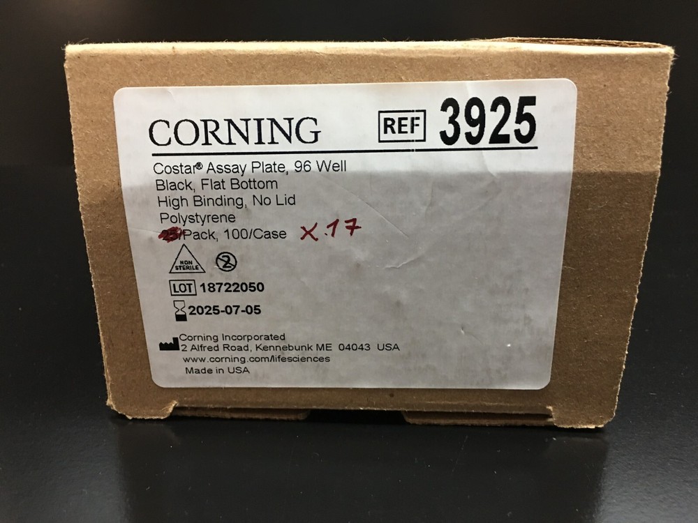 Corning REF 3925 Black Flat Bottom 96 Well High Bind Microplate Lot 17 PCS