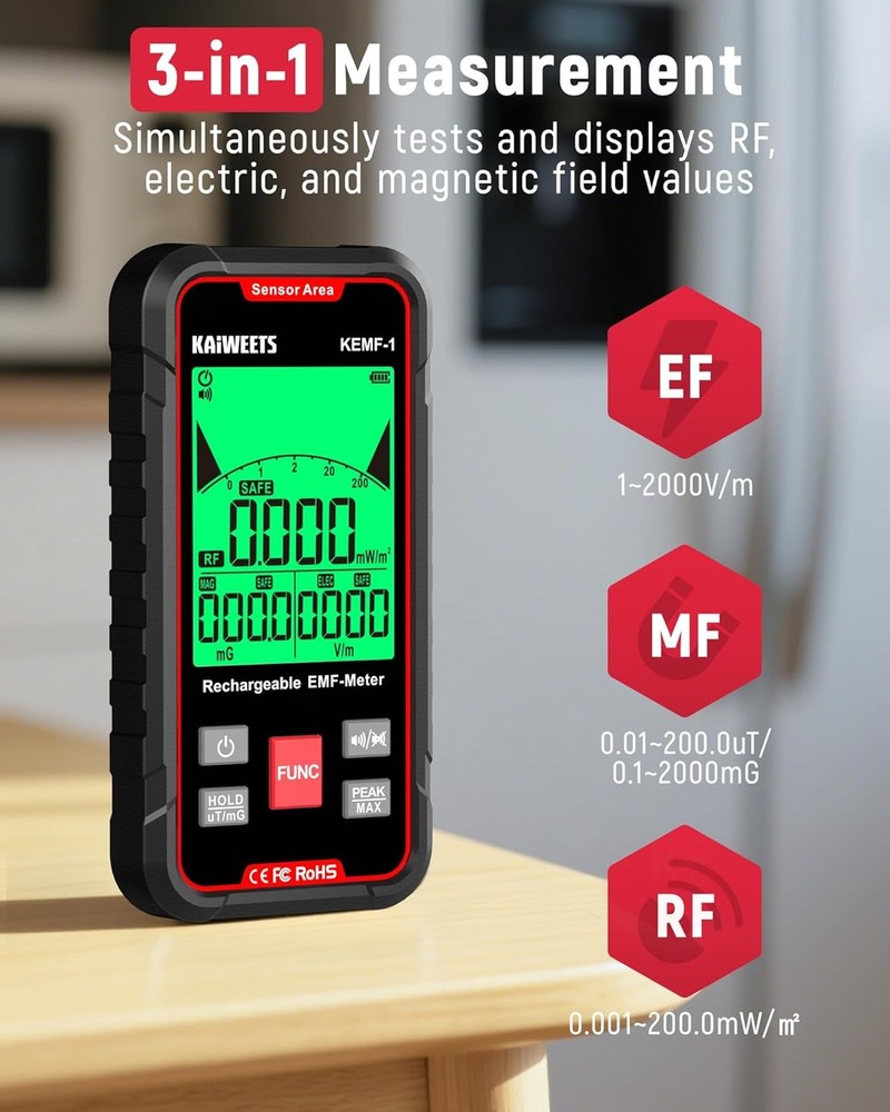 Rechargeable Three-in-One Handheld Electromagnetic Field Meter