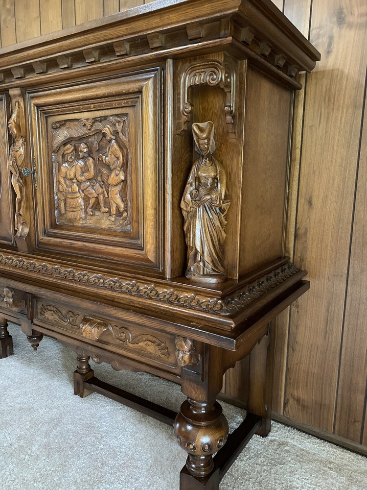 Antique Solid Oak French Gothic sideboard cabinet