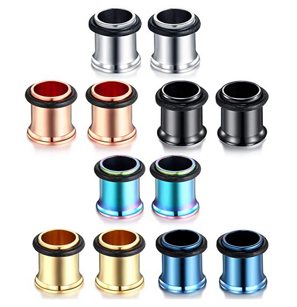 PAIR STAINLESS STEEL FLESH TUNNELS SINGLE FLARED EAR GAUGES PLUGS W/O-RINGS