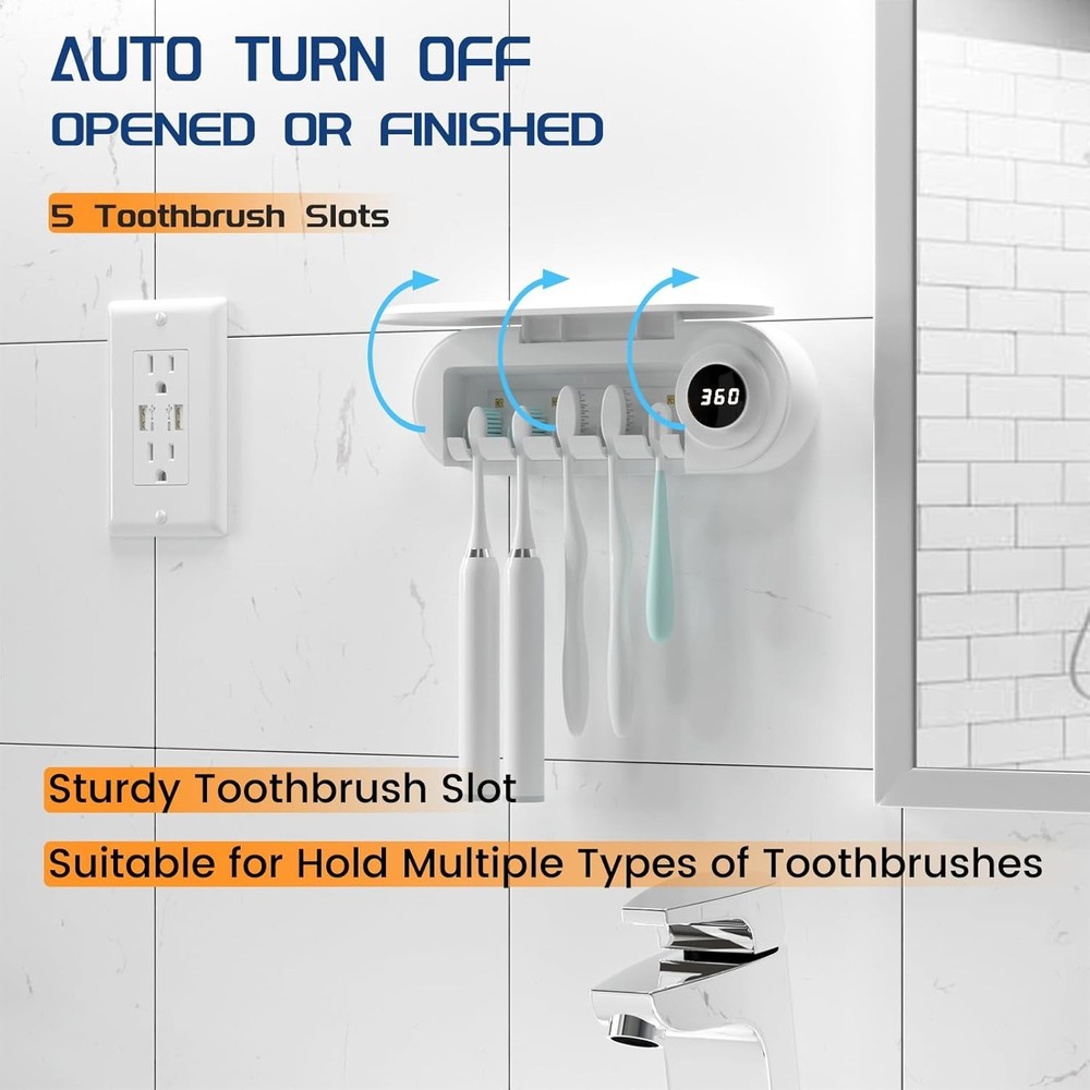 Toothbrush Holder, 5 Toothbrush Slots & Timer Function, Cordless Wall Mounted...