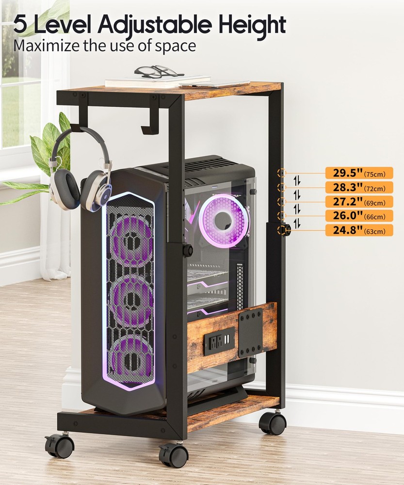 Height Adjustable Computer Tower Stand with Charging Station, 2 Tier Mobile F...