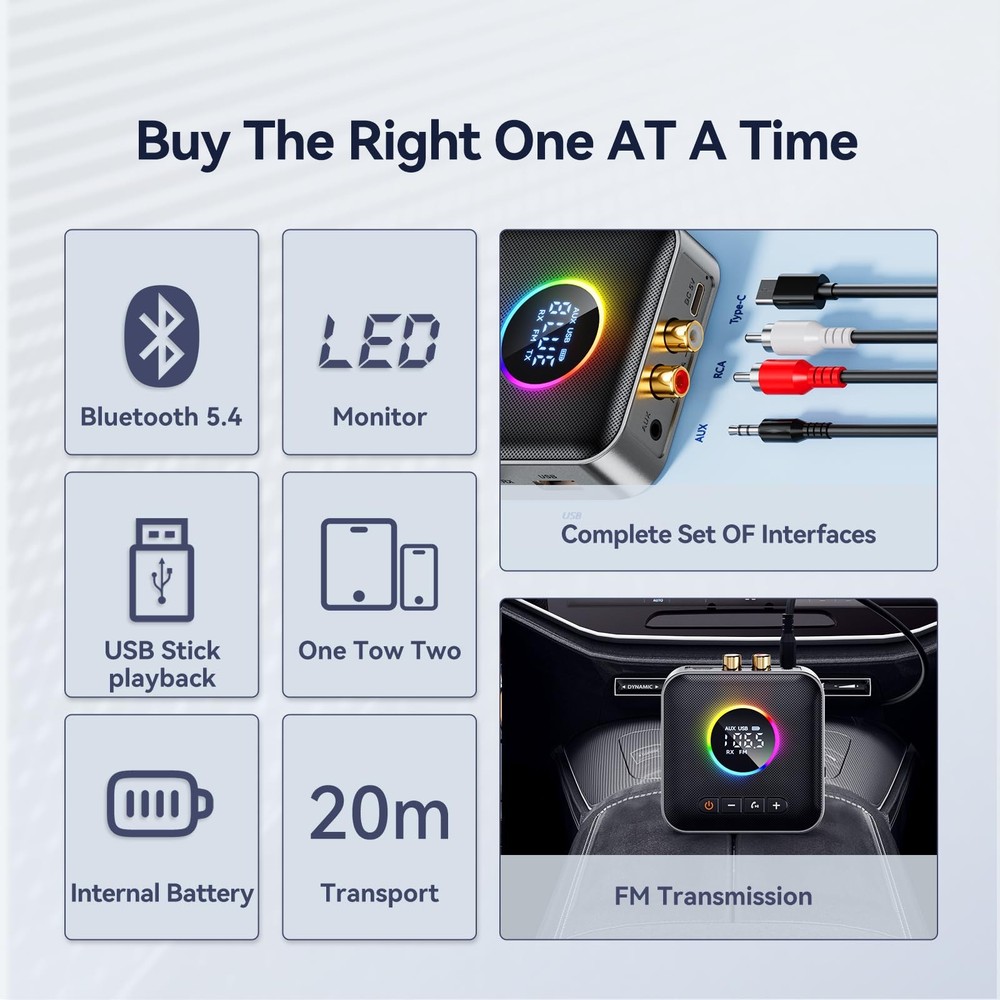 M10 RGB Upgraded Bluetooth 5.4 Audio Receiver Transmitter for TV Home Stereo/...