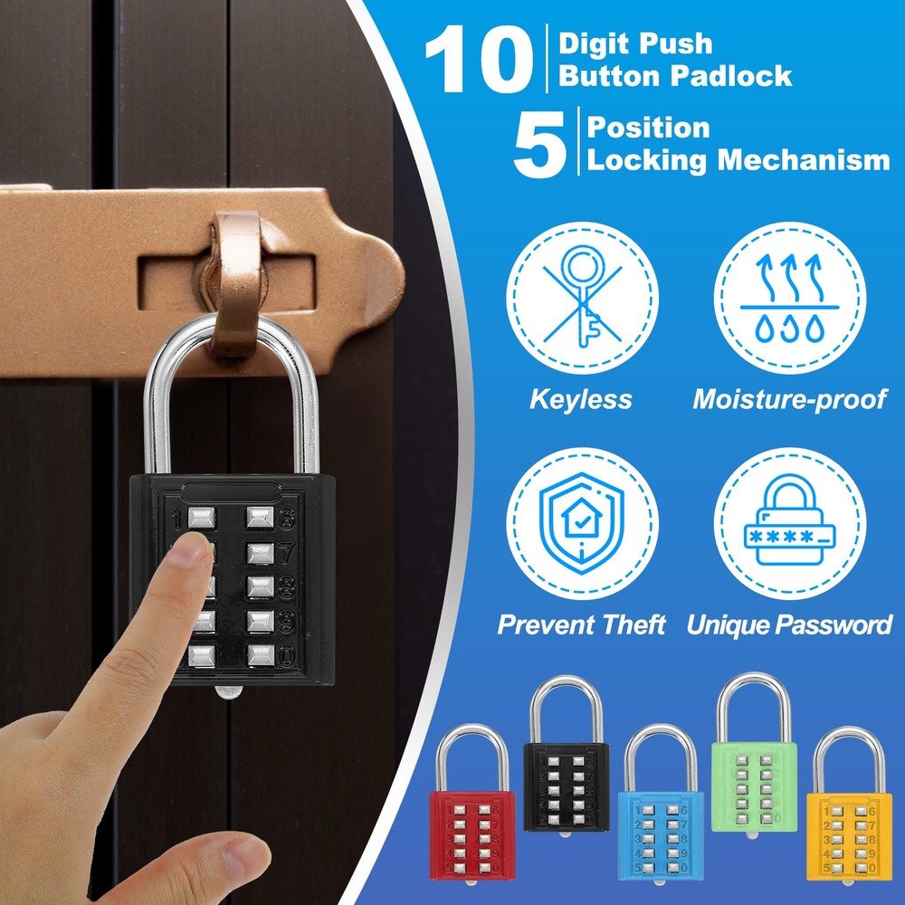 Push Button Combination Padlock 10-Digit 5-Position Lock Black
