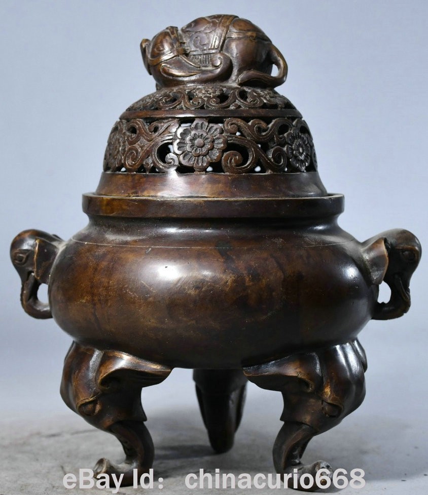 8" Marked Old China Copper Carving Dynasty Palace Elephant Ear Flower Censer