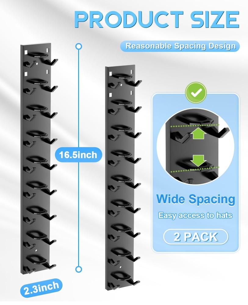2 Pack Hat Organizer for Wall Holds 18 Baseball Caps Black