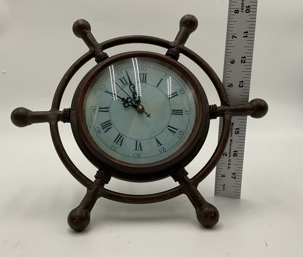 Nautical Ship Wheel-Style Clock Rustic Maritime Tabletop Decor *AS IS*