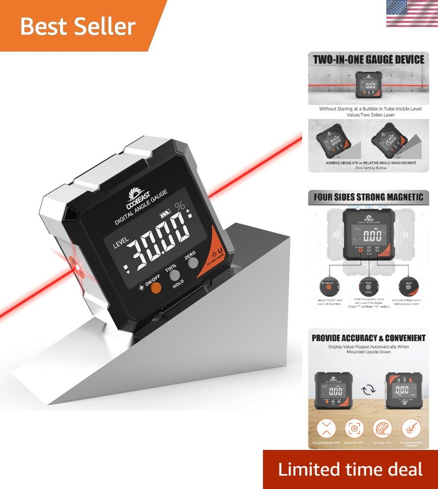 Precision Magnetic Digital Angle Finder with Laser - Rechargeable, Compact Tool