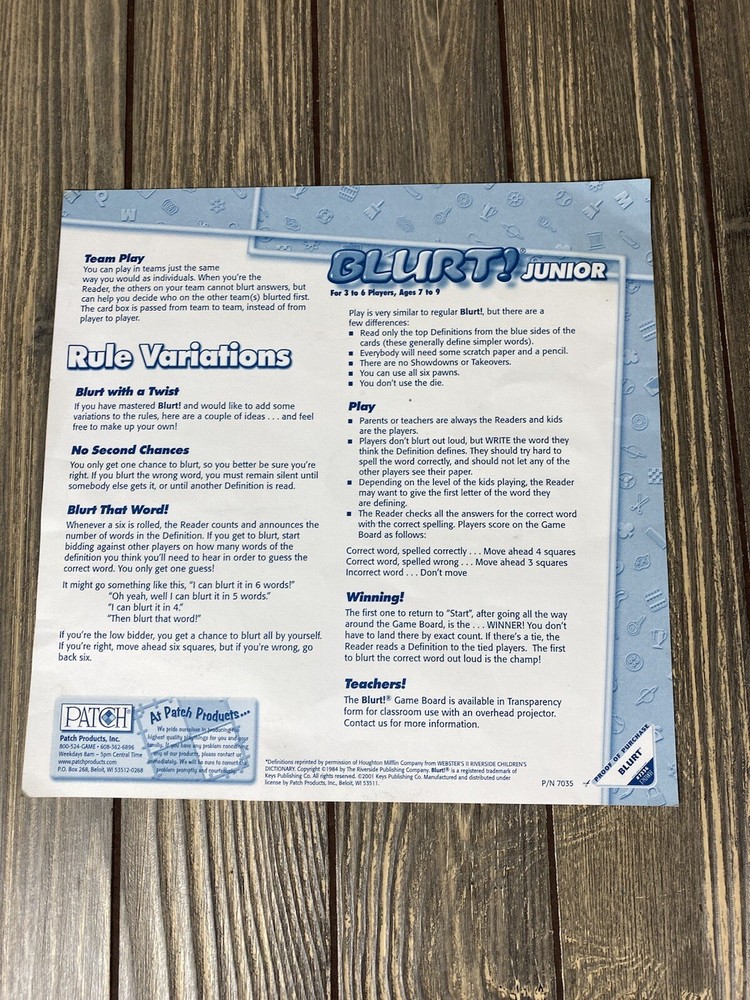 Patch Games Blurt Replacement Piece Part Directions