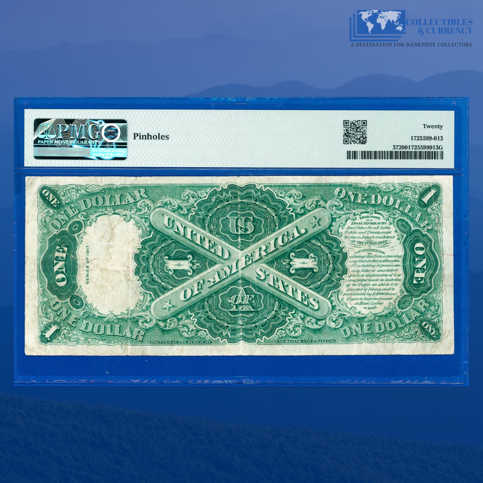 Fr.37 1917 $1 One Dollar "SAWHORSE REVERSE" Legal Tender Note, PMG VF 20 #52015