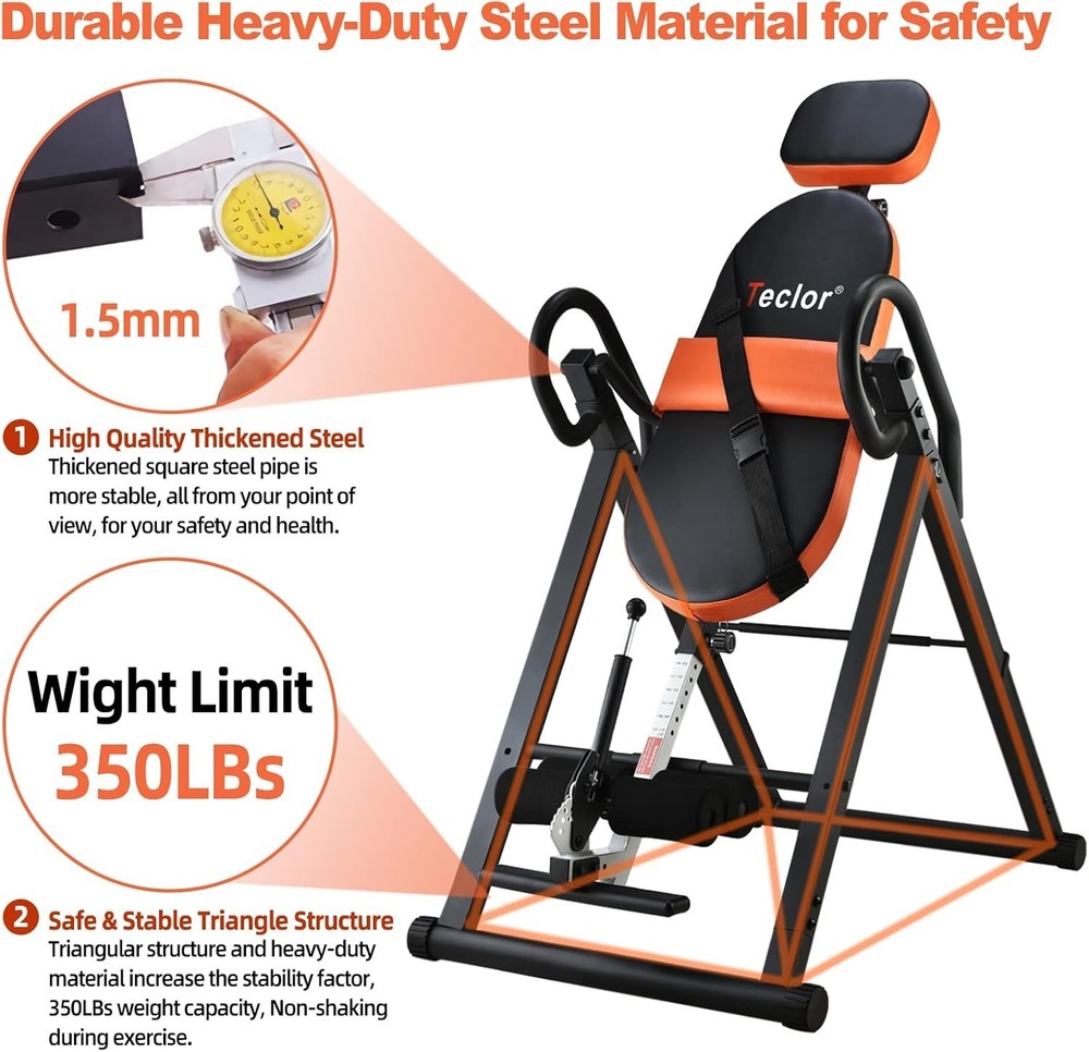 Teclor Inversion Table for Back Pain Relief, 350 lbs Capacity Strength Traini...