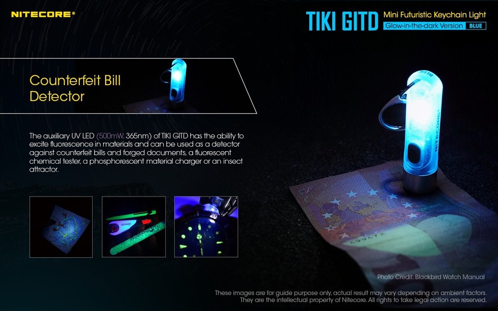 NITECORE TIKI GITD USB-C Blue 300 Lumen Keychain Flashlight UV/High CRI LED