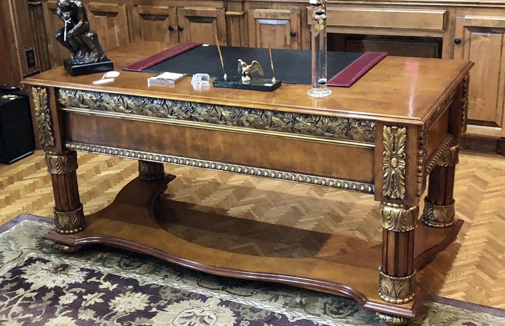 Classical Writing Desk, Carved Cherry & Maple with Dark Gold.