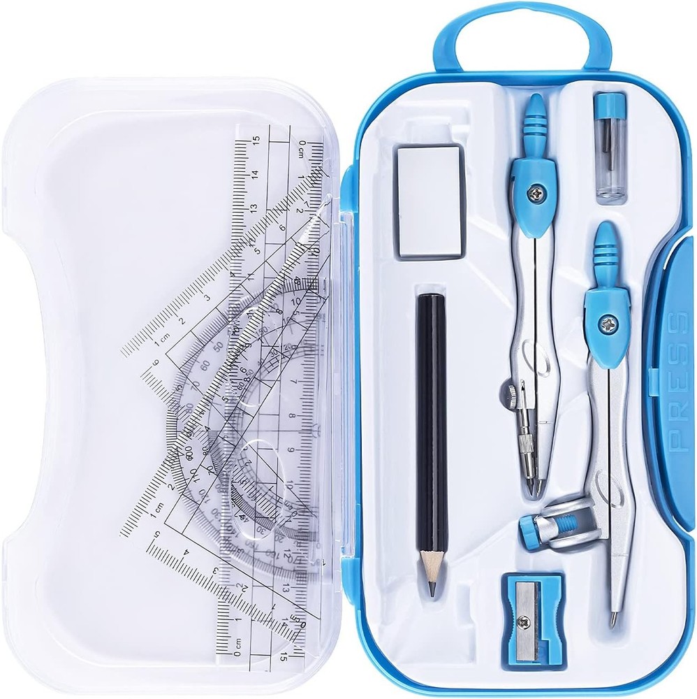 Math Geometry Kit Set 10 Pieces with Shatterproof Storage Box, Student Blue