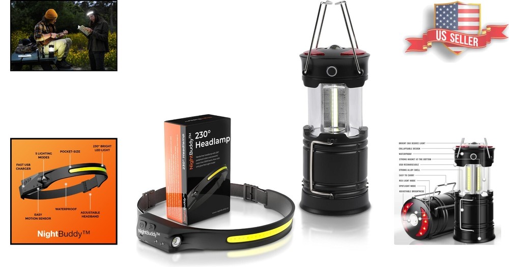 Durable Rechargeable LED Headlamp + Lantern Set - 4X Brighter for Camping Needs