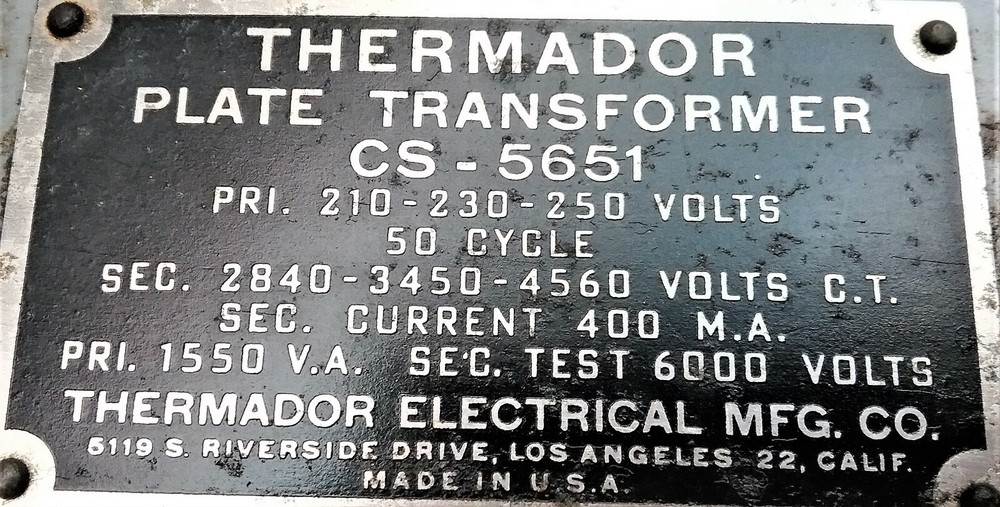 1 THERMADOR PLATE  TRANSFORMER 210-230-250 V  @ SEC 2840 - 3450 - 4560 VOLT  C.T