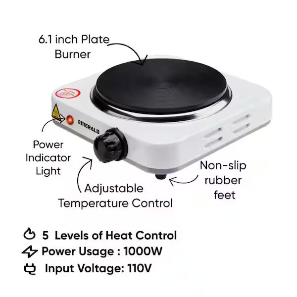 Single Burner 5.5" White Electric Hot Plate Portable Compact Countertop
