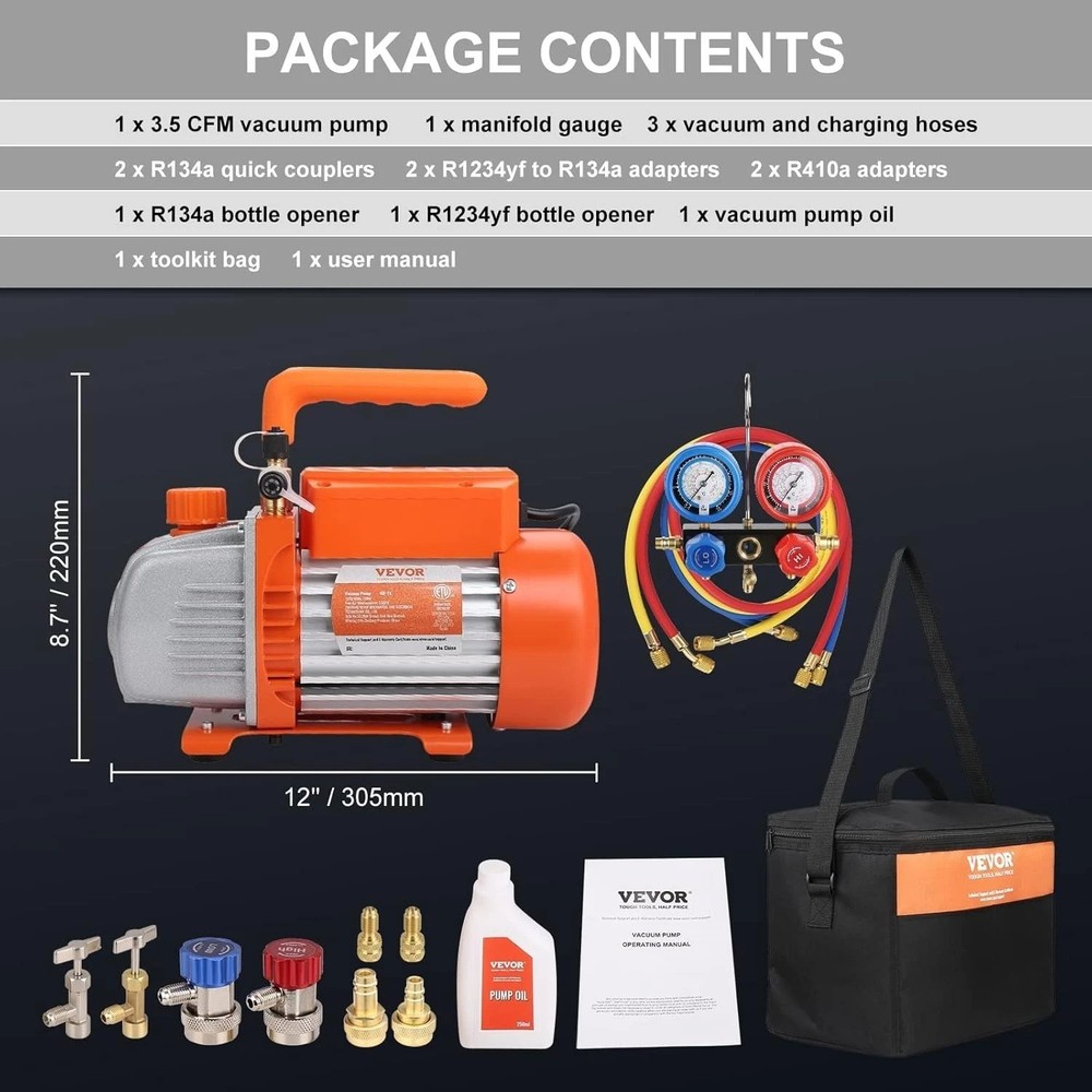 Versatile AC Vacuum Pump Kit with R134a & R1234yf Adaptors - Complete Solution