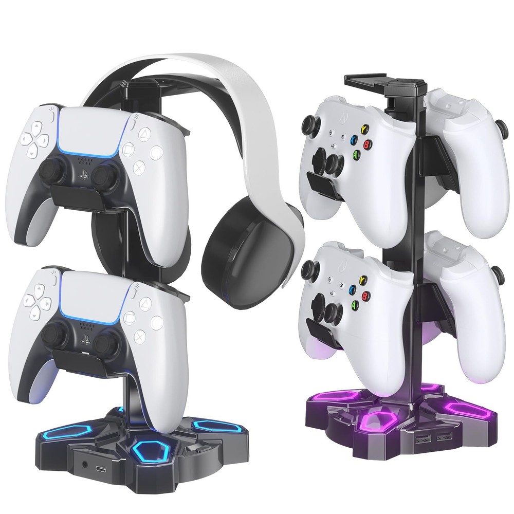 Gaming Headphone Stand Rotatable Light Modes with USB Ports & Controller Holder