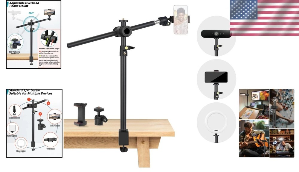Lightweight 360° Adjustable Camera Arm Desk Stand with C-Clamp for Versatile Use