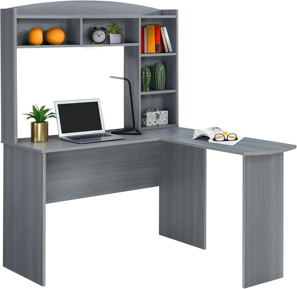 Modern Hutch L-Shaped Computer Desk Grey