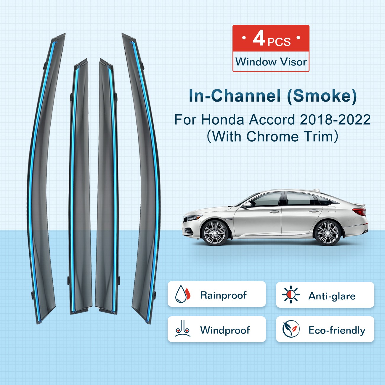 Window Visor Rain Guard Deflector For 2018-2022 Honda Accord Clip-on Chrome Trim