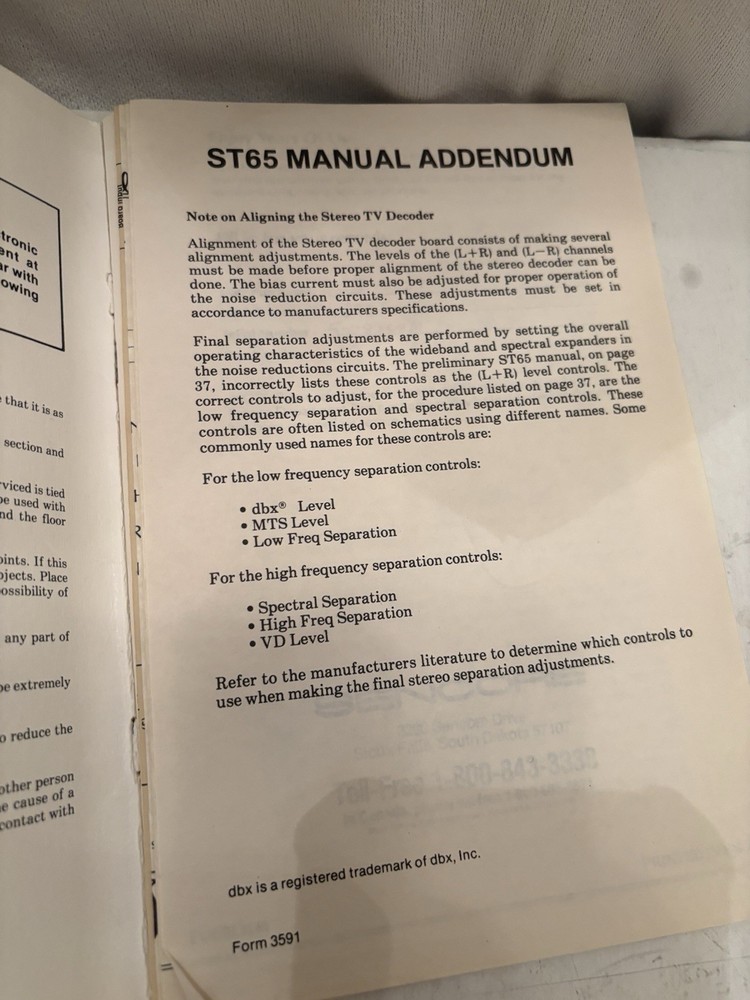 Sencore ST65 Video analyzer stereo TV adder - OPERATION & APPLICATION MANUAL