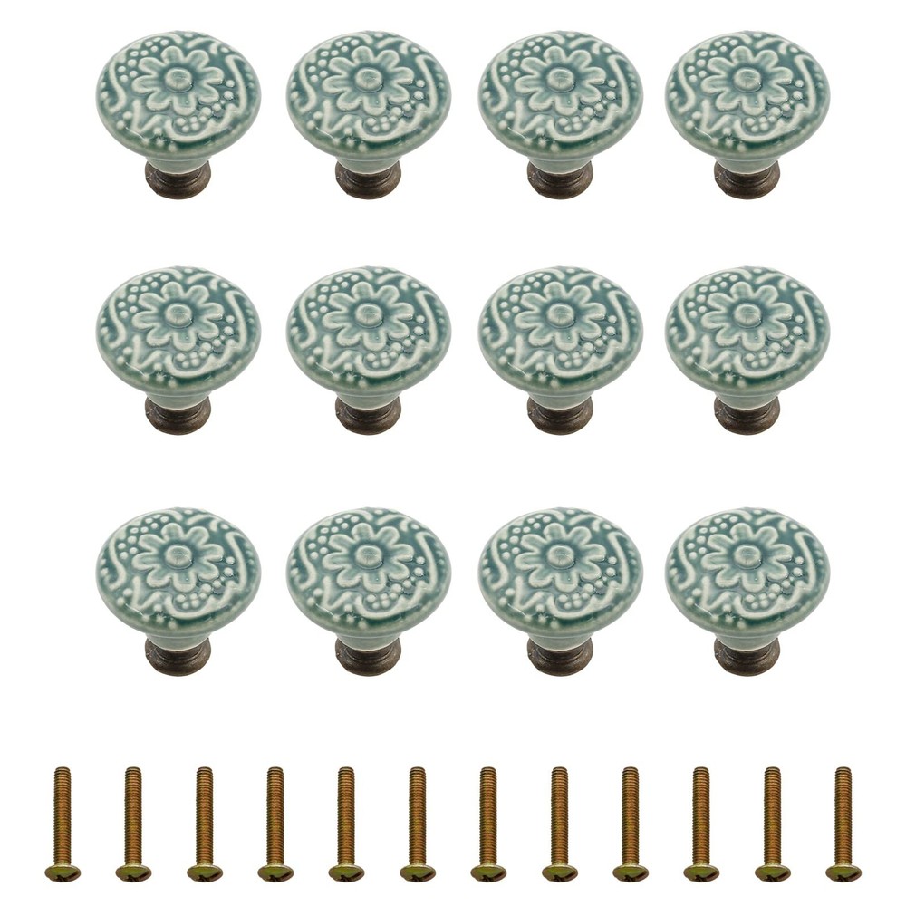 12 Pcs Ceramic Cabinet Knobs, 34mm/1.33 Inch Diameter Floral Ceramic Decorati...
