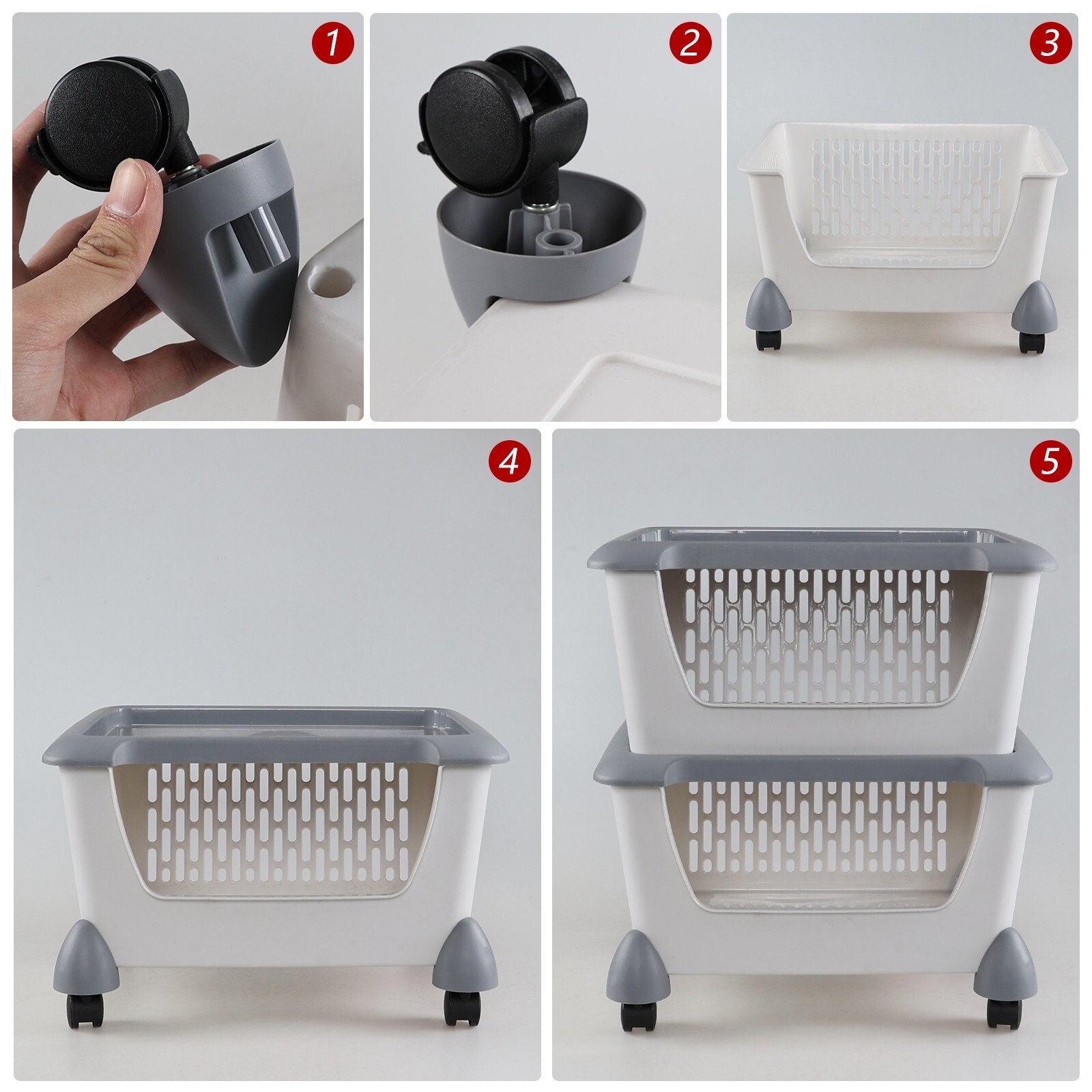 Idotry 5pcs Plastic Stackable Storage Bins - Gray Large Storage Basket w/ Wheels