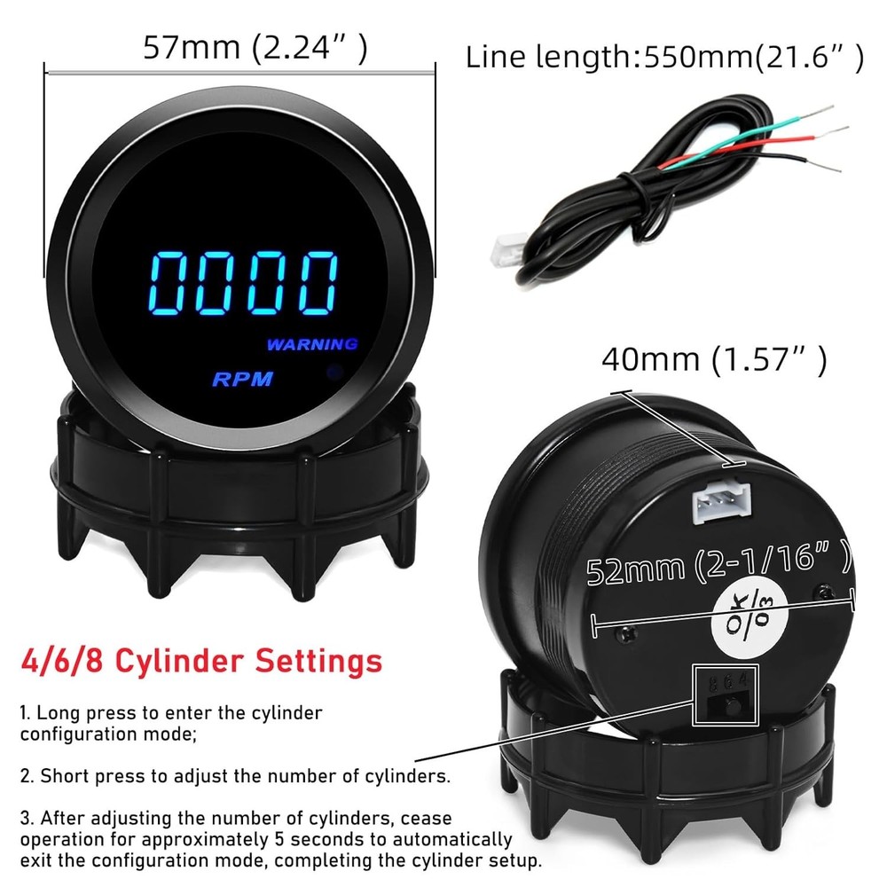 Self-Calibrating 52mm Digital Tachometer with Blue LED for 4/6/8 Cylinder Engine