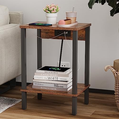Side Table with Charging Station, Set 2 Set Rustic Brown Engineered Wood Legs