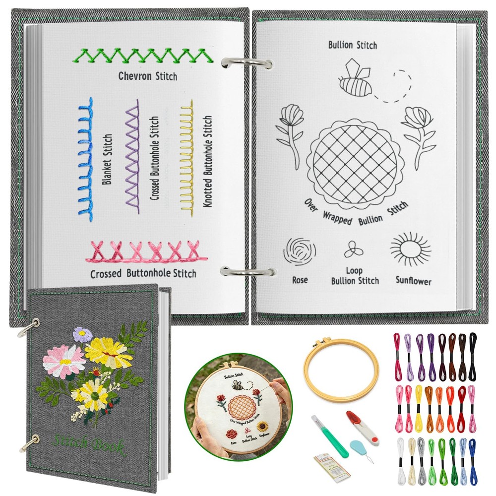 Beginner Embroidery Stitch Book Kit w/ Tools 6x8 Practice Patterns DIY Gift